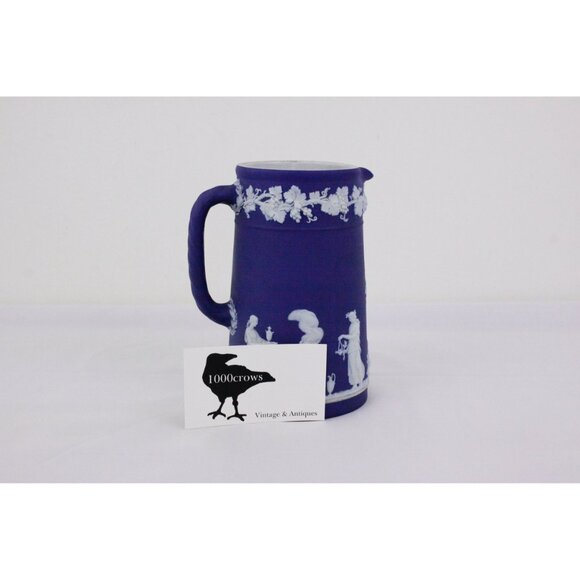 Victorian Wedgwood Jasperware trojan jug 6.5”, 1896 cobalt blue cider pitcher - Picture 2 of 10